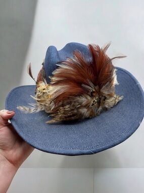 Longhorn Vintage 90s Denim Feather Embroidered Boho Western Rodeo Cowboy Hat M